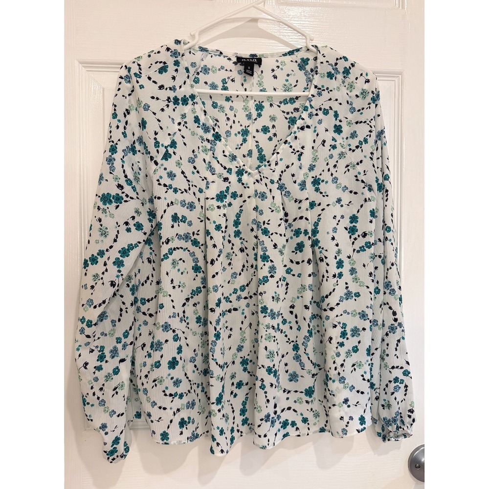 a.n.a Floral Blouse V-Neck Long‎ Sleeve Casual Top White Teal Size S
